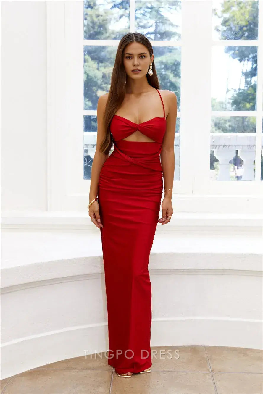 Elegant Spaghetti Straps Cutout Front Cross Back Maxi Dress Prom Dress